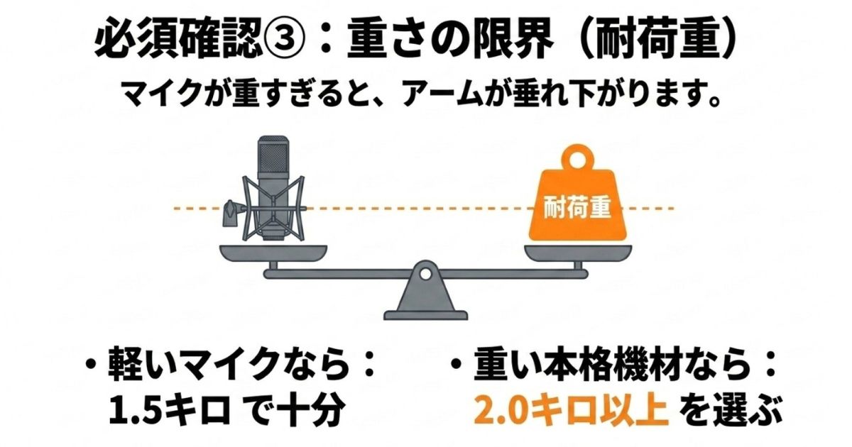 軽いマイクなら1.5キロ、重い機材なら2.0キロ以上の耐荷重が必要であることを示す天秤のイラスト