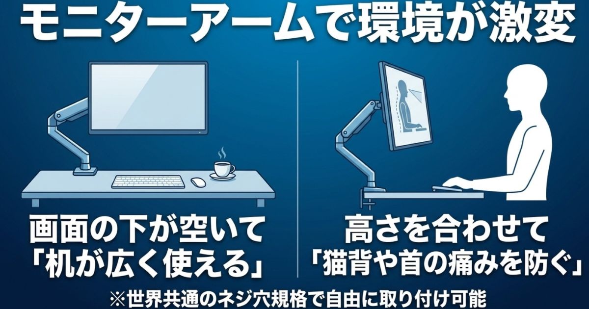 モニターアームによる環境改善を示すイラスト。画面の下が空いて机が広く使え、高さを合わせることで猫背や首の痛みを防げることを解説しています。