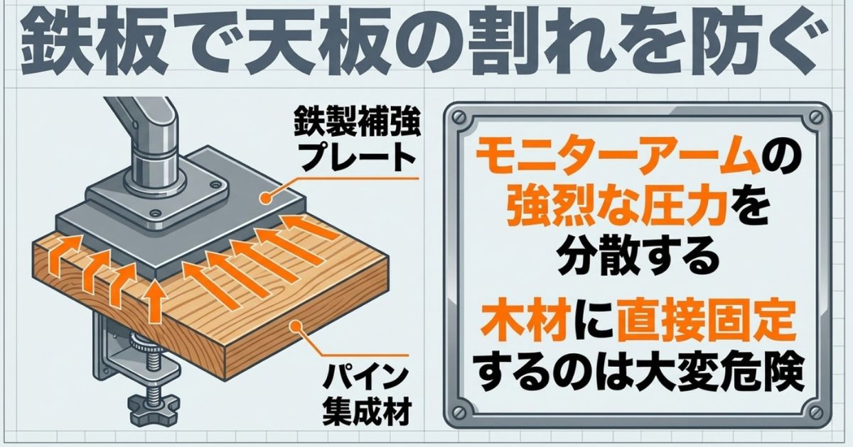 モニターアームの強烈な圧力を分散させる鉄製補強プレートの仕組み