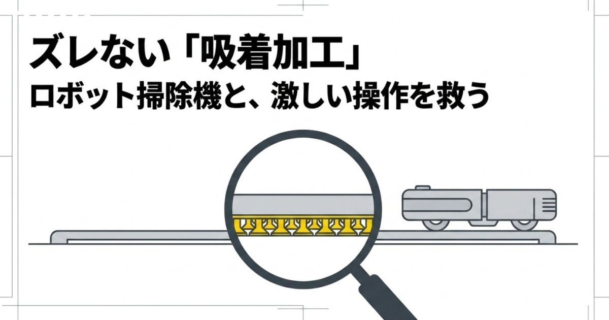 吸着加工によりマットがズレないため、ロボット掃除機や激しい操作でも安心であることを示すイラスト