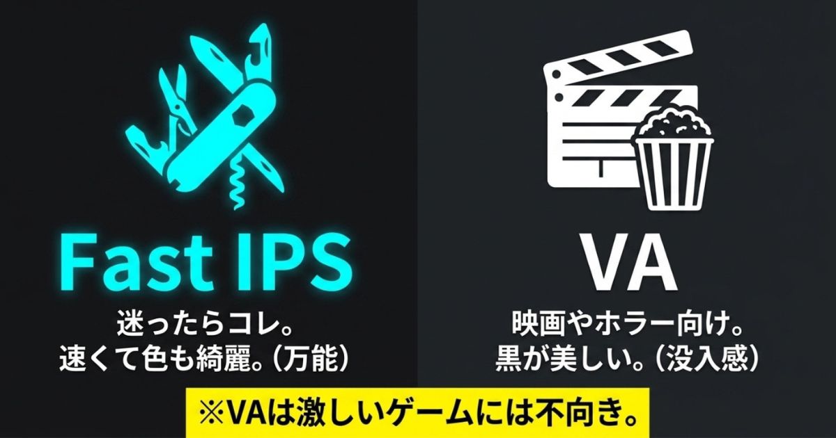 万能なFast IPSパネルと没入感に特化したVAパネルの用途別の選び方を示すスライド