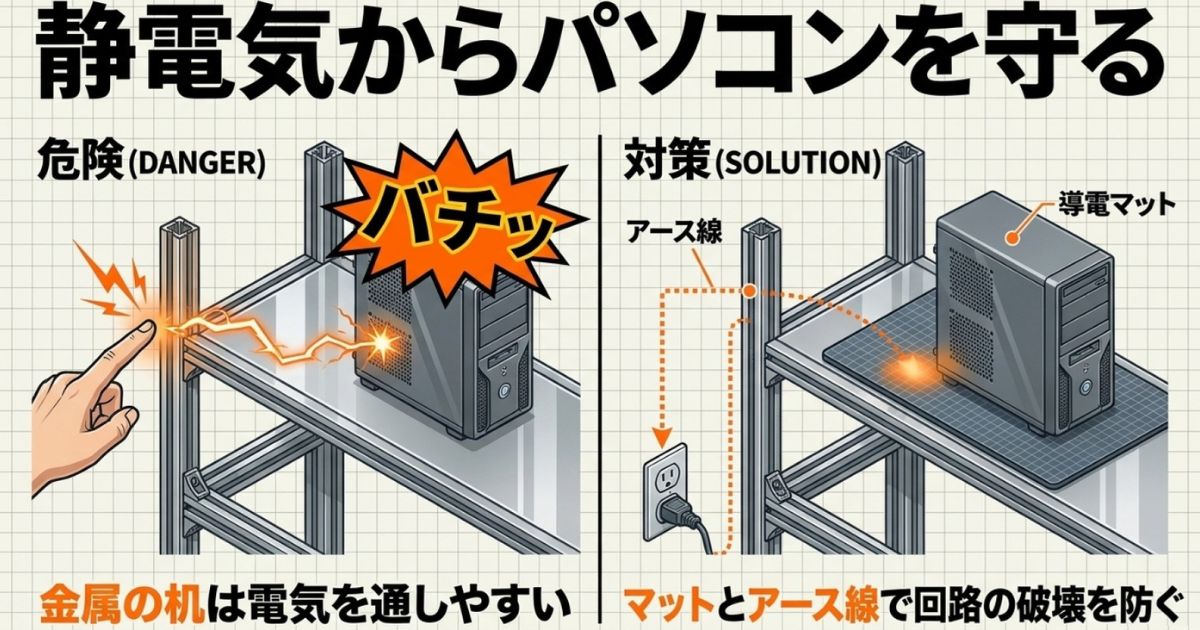 導電マットとアース線を使ったパソコンの静電気対策を図解