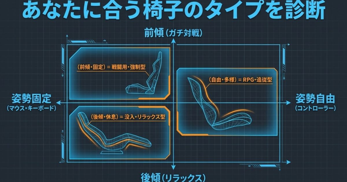 前傾・後傾、姿勢の固定・自由度から、自分のプレイスタイルに合う椅子のタイプを診断するマトリクス図