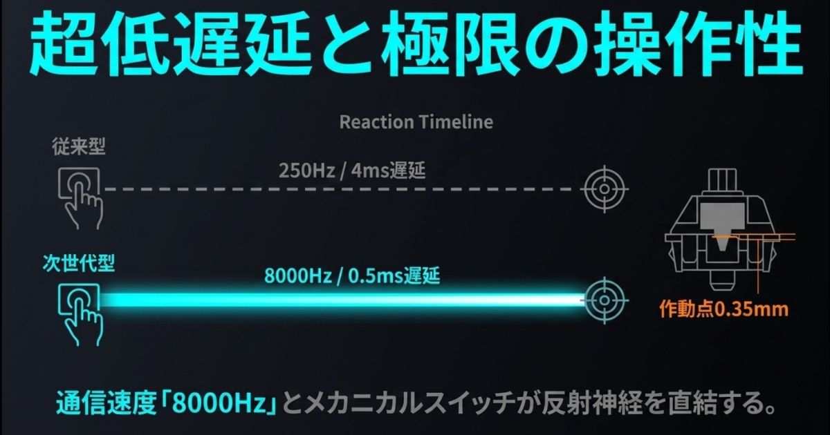 従来型の250Hz/4ms遅延と、次世代型の8000Hz/0.5msという超低遅延を比較したリアクションタイムラインの図解