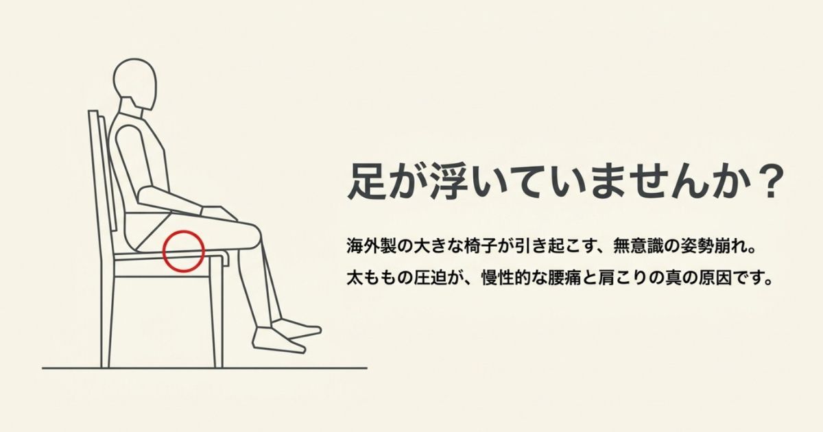 椅子に座って足が浮いている図解。太ももの圧迫が慢性的な腰痛と肩こりの真の原因になることの解説