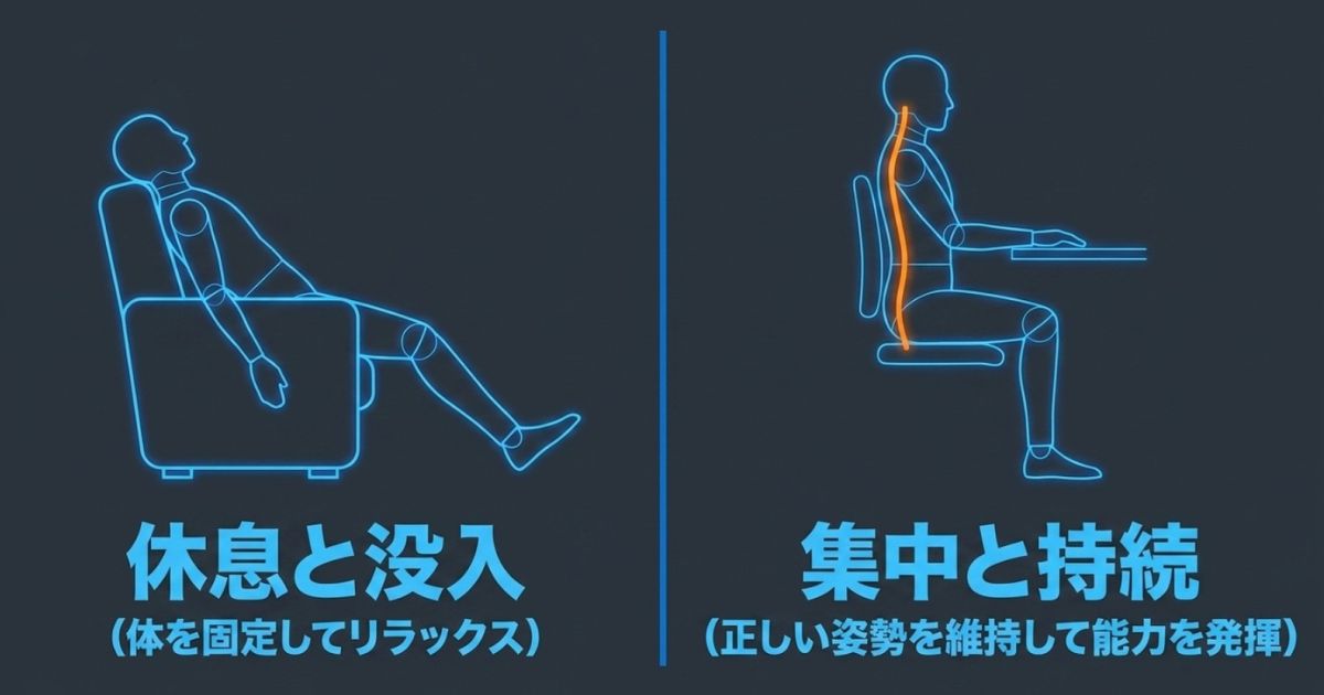 体を固定してリラックスする休息型と、正しい姿勢を維持する集中型の座り方の違いを図解