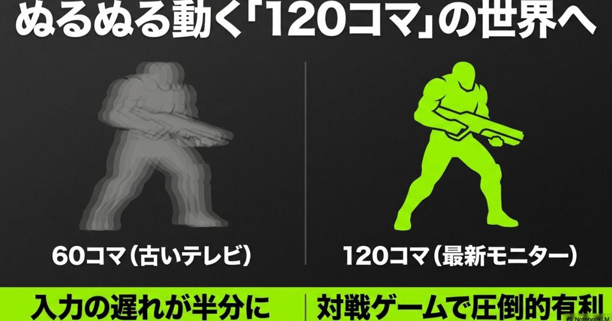 60コマの古いテレビと120コマの最新モニターを比較し、入力の遅れが半分になり対戦ゲームで圧倒的有利になることを示すイラスト画像