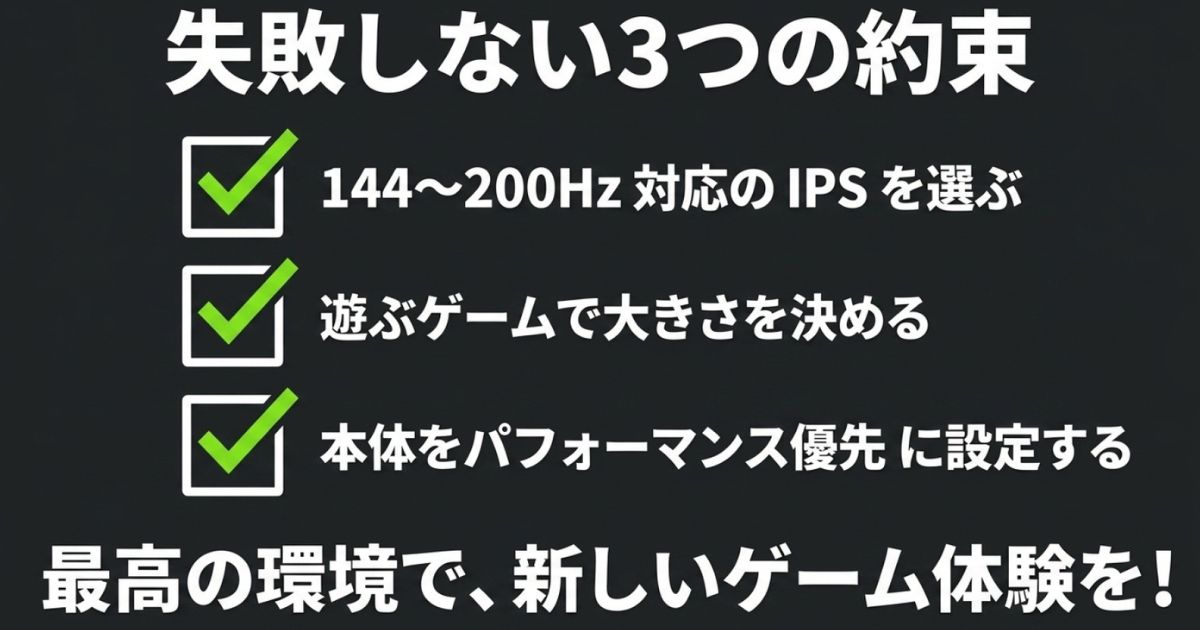 144Hz〜200Hz対応のIPSを選ぶ、遊ぶゲームでサイズを決める、本体をパフォーマンス優先に設定するという、モニター選びで失敗しないための3つの鉄則画像