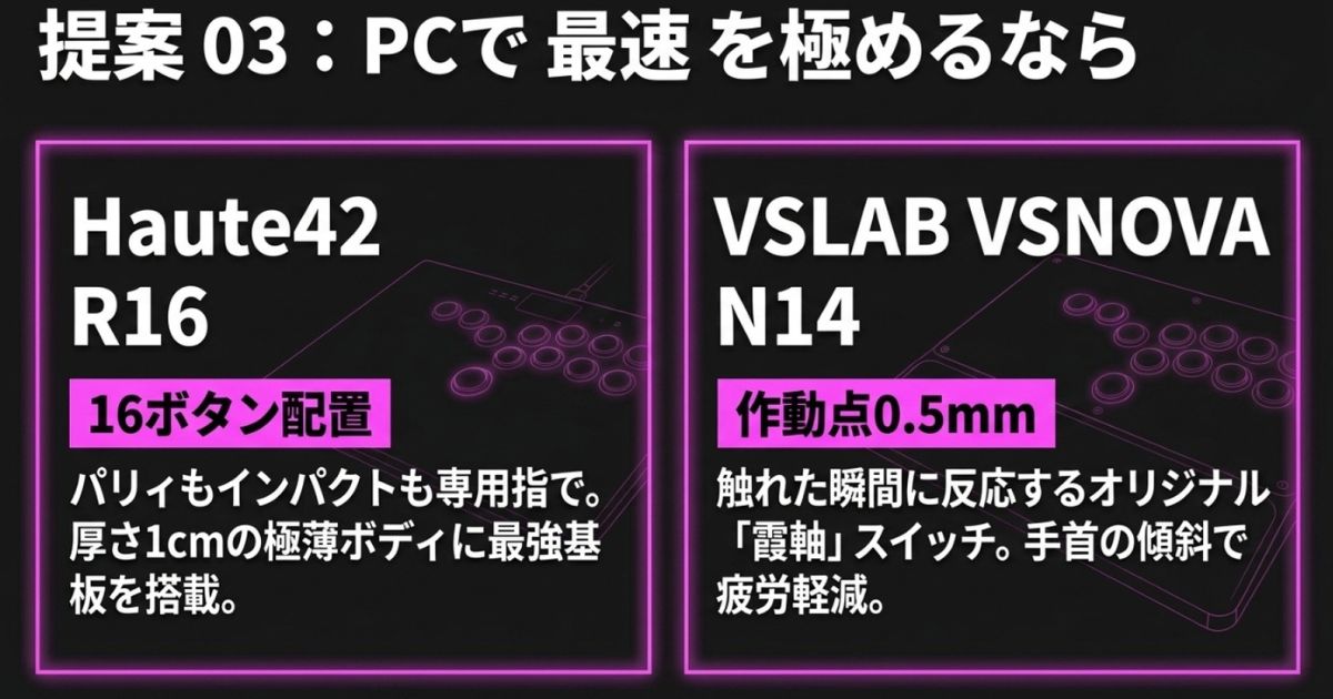 提案03：PCで最速を極めるなら16ボタンのHaute42 R16か、作動点0.5mmのVSLAB VSNOVA N14