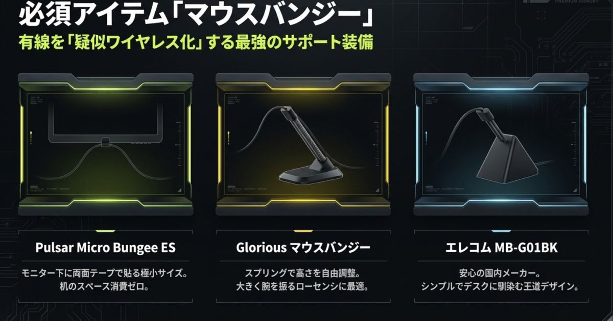 有線マウスを疑似ワイヤレス化するPulsar、Glorious、エレコム製マウスバンジーの紹介