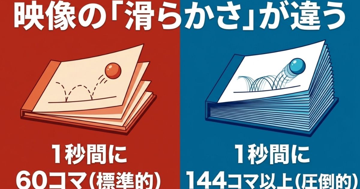映像の滑らかさの違いをパラパラ漫画で例えたイラスト。1秒間に60コマの標準的なテレビと、144コマ以上の圧倒的な滑らかさを持つゲーミングモニターを比較しています。