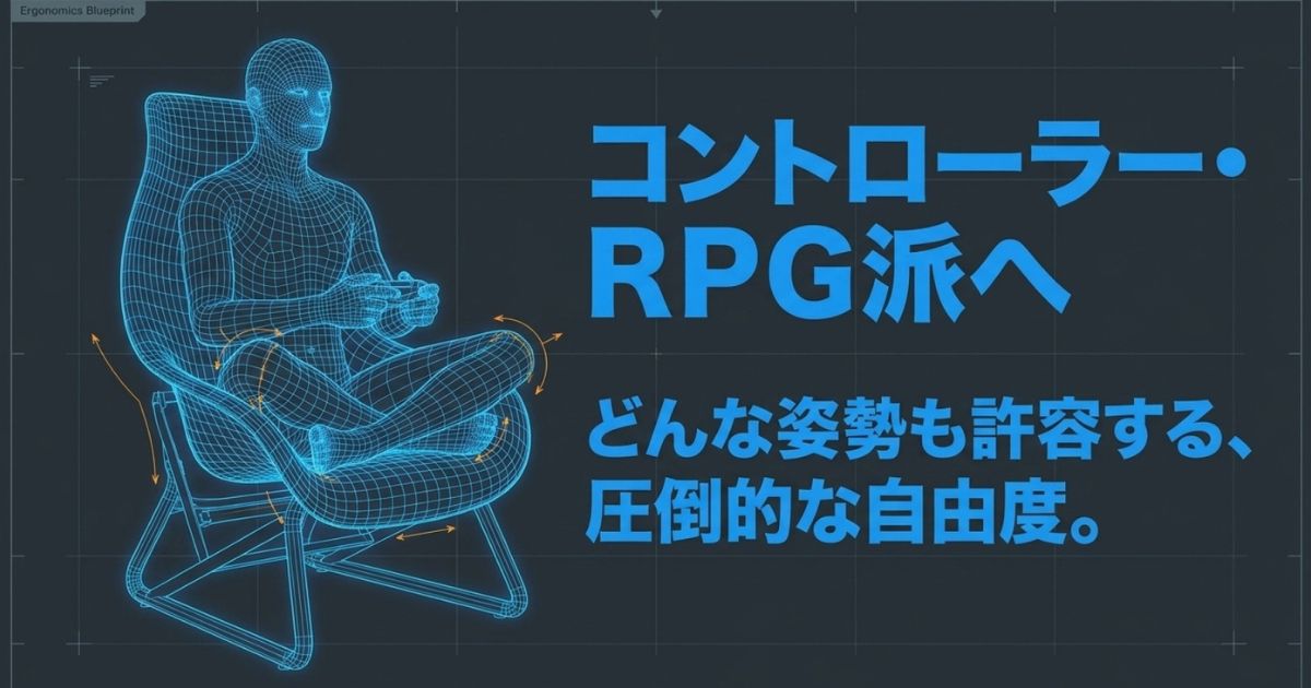コントローラーを持ったどんな姿勢も許容する、圧倒的な自由度を持ったRPG向けチェアのイメージ