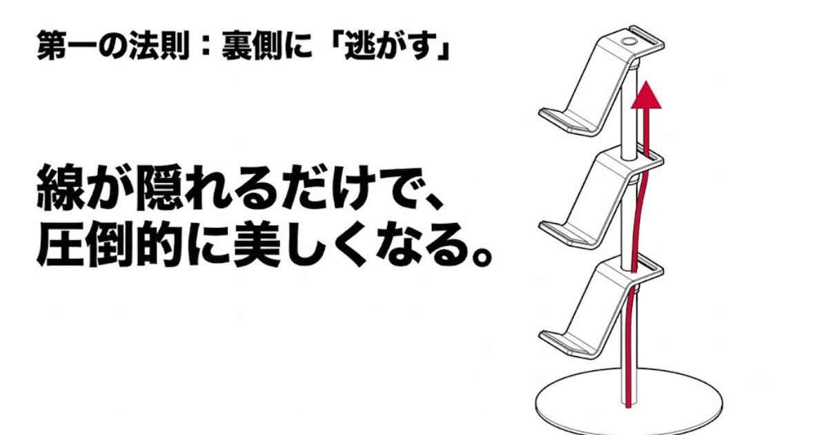 ケーブルをスタンドの裏側に逃がして隠す構造を示す図解