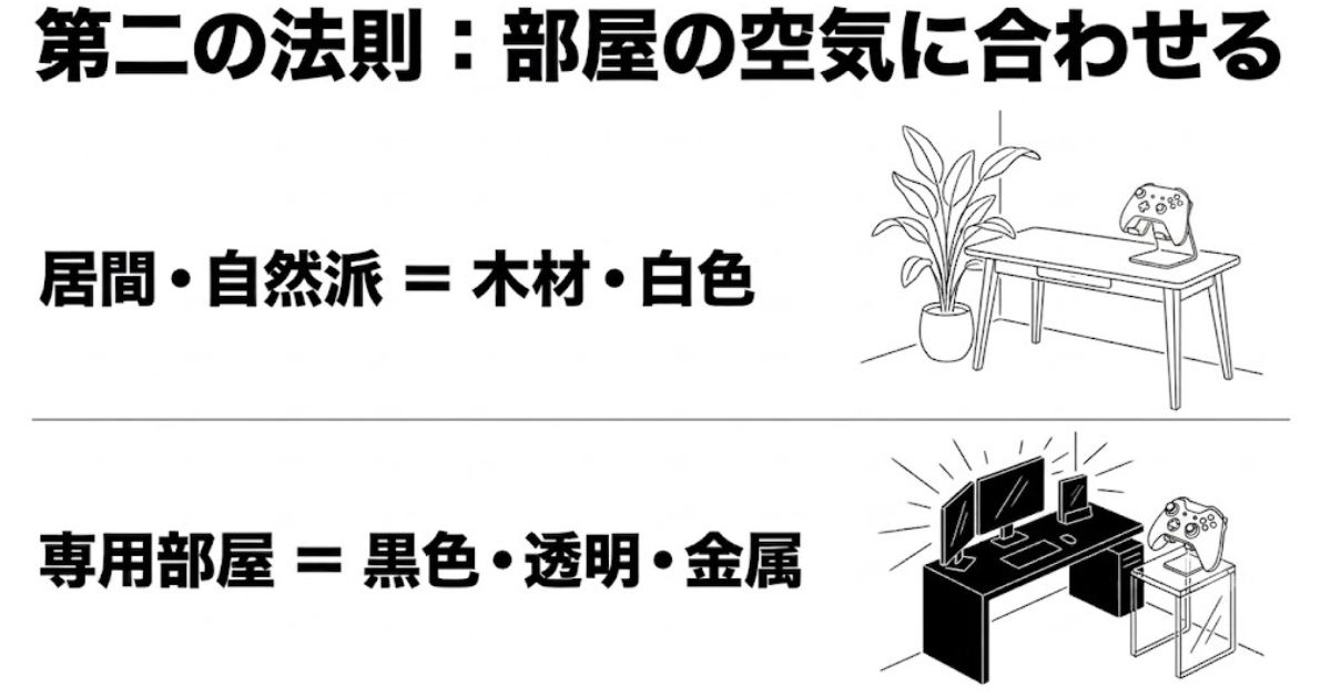 観葉植物のあるナチュラルなデスクと、モニターが並ぶ黒いゲーミングデスクのイラスト