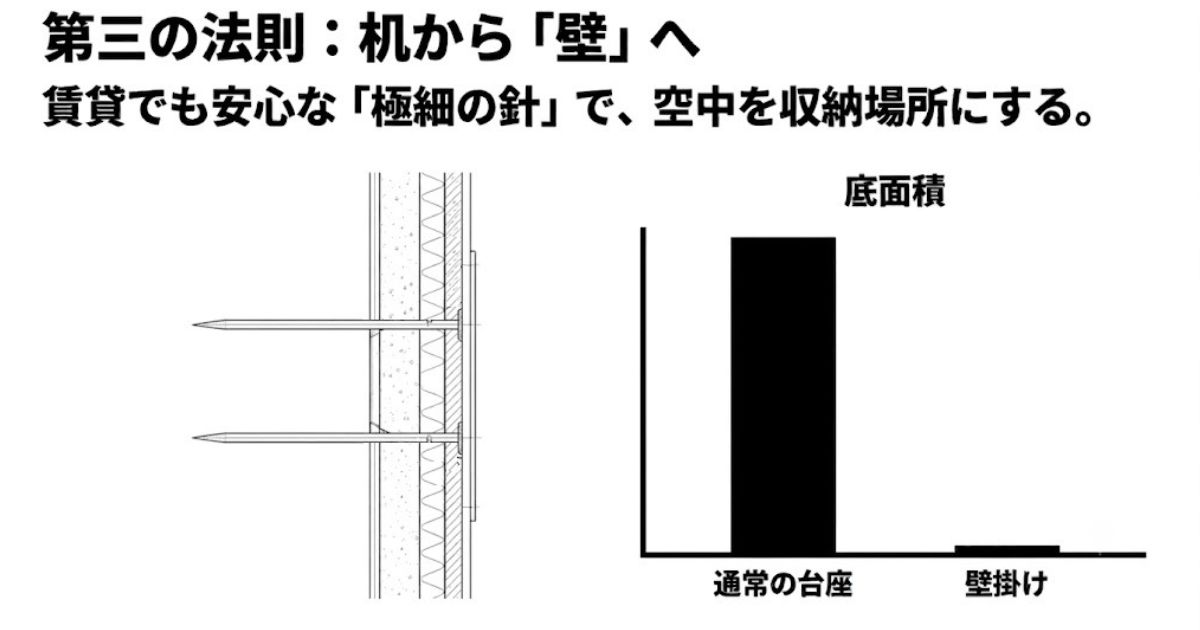 石膏ボードにクロスして打ち込まれる極細ピンの構造と、底面積の節約を示すグラフ