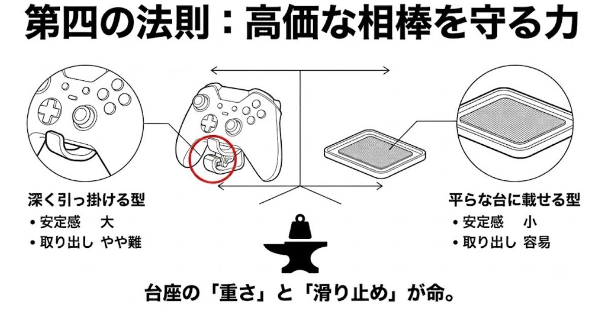 深く引っ掛ける型と平らな台に載せる型の安定感や取り出しやすさの比較図