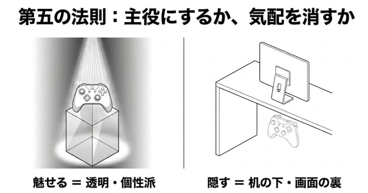 透明ケースでスポットライトを浴びる魅せる収納と、デスク下やモニター裏に配置する隠す収納のイラスト