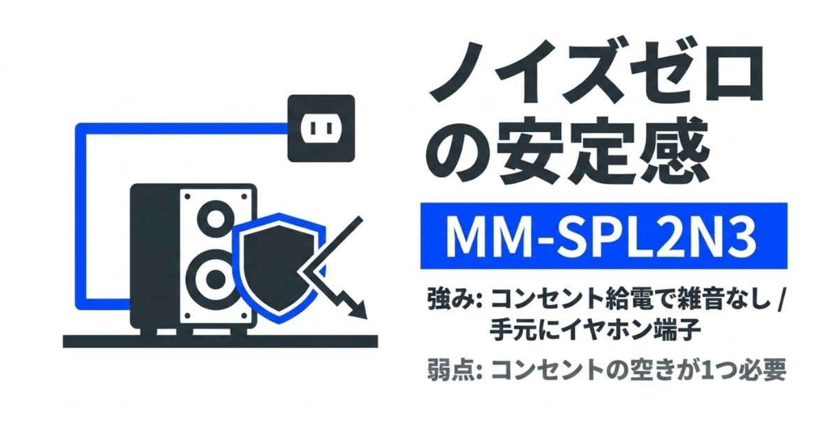 ノイズゼロの安定感が強みのサンワサプライ MM-SPL2N3の特徴（コンセント給電による雑音回避）