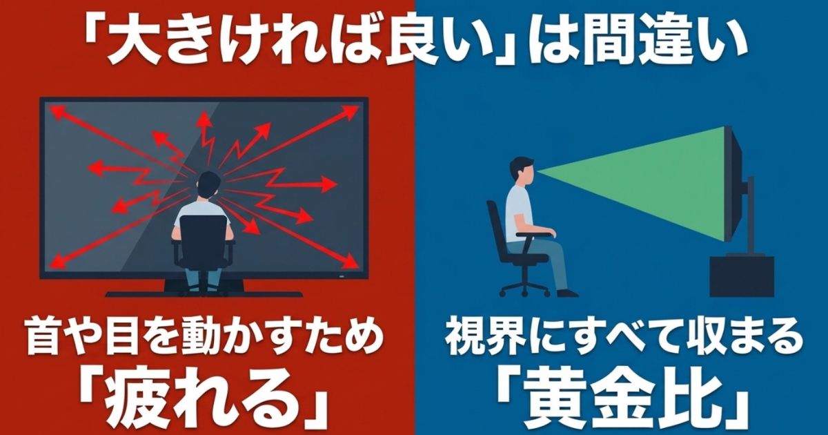 画面の大きさと視野の関係を示すイラスト。大きすぎると首や目を動かして疲れる原因になりますが、適正サイズなら視界にすべて収まる黄金比であることを解説しています。