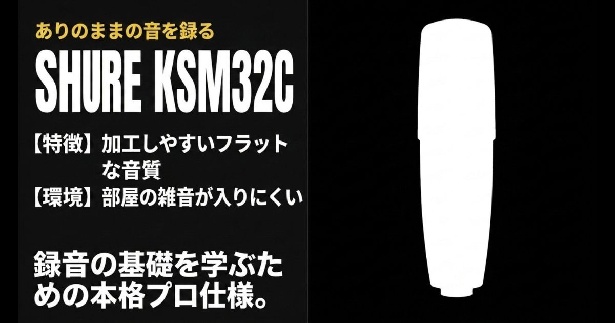 部屋の雑音が入りにくく、加工しやすいフラットな音質が特徴の本格プロ仕様マイクSHURE KSM32Cの紹介。