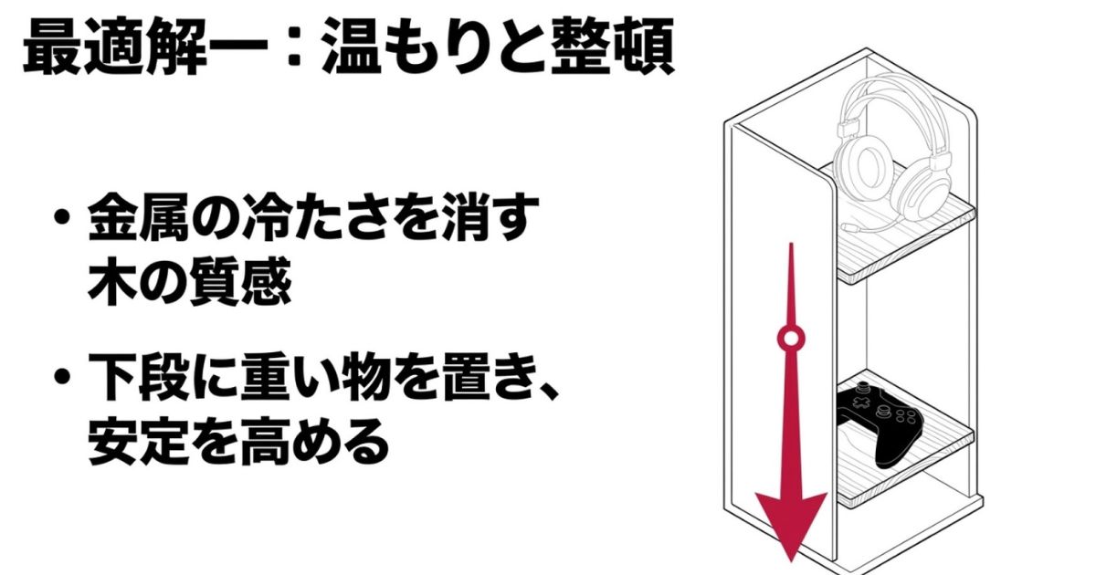 木製パーツを取り入れたタワー型スタンドのイメージ、「温もりと整頓」というテキスト