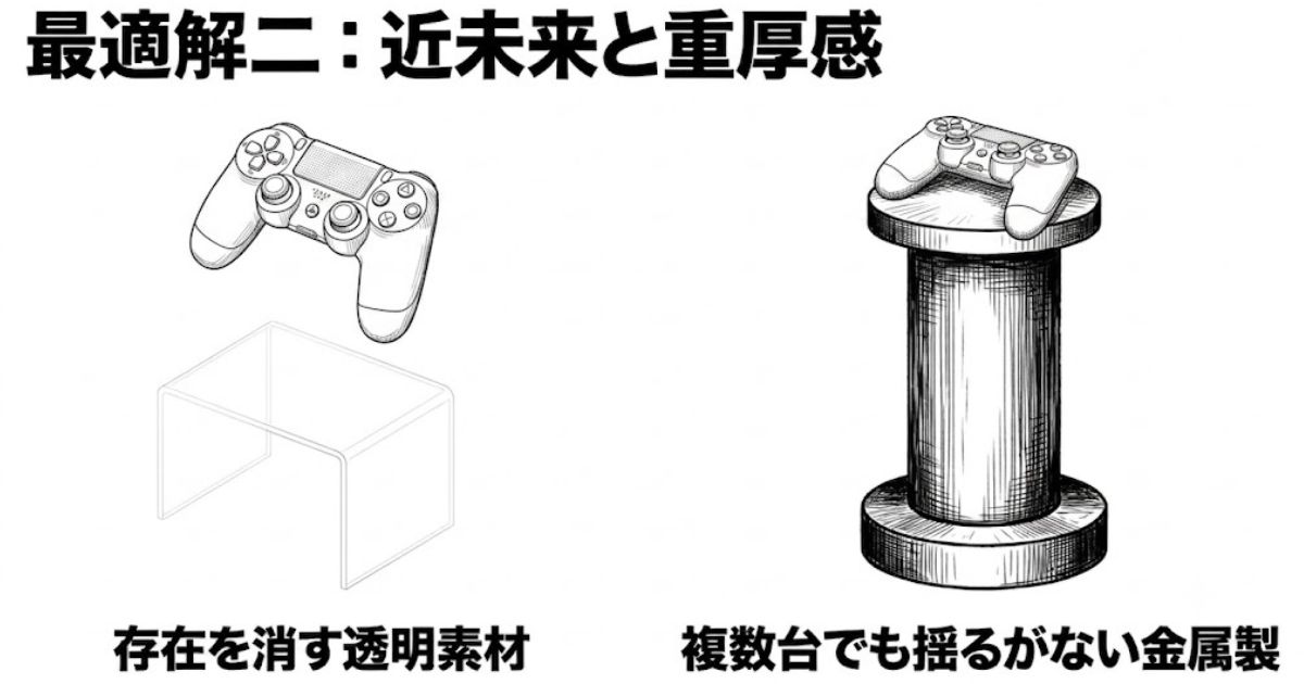 コントローラーが宙に浮いて見える透明なコの字型スタンドと、重厚な円柱型の金属製スタンドのイラスト
