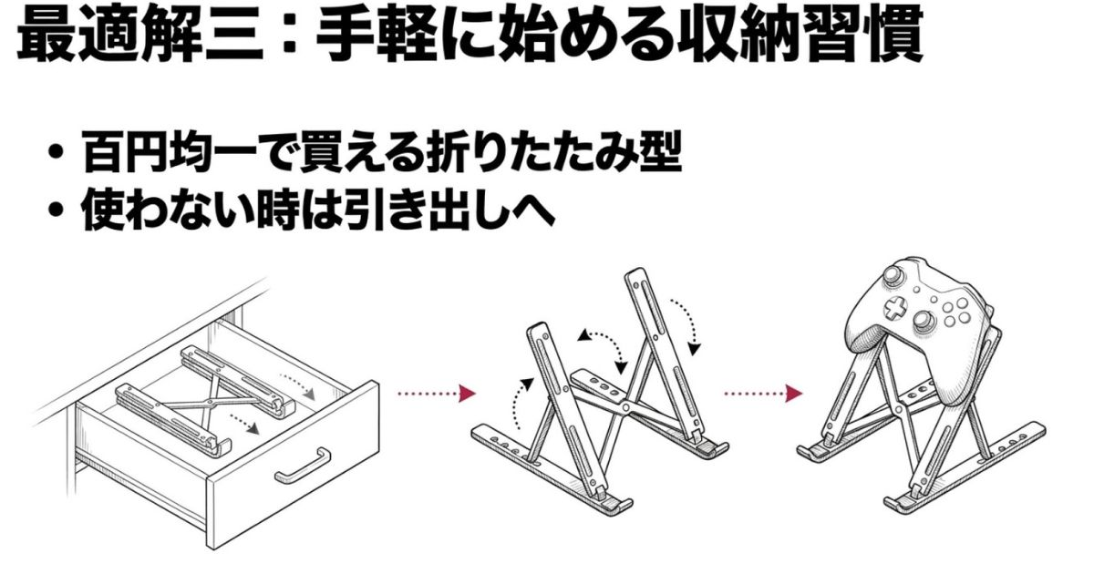 引き出しに収納できる折りたたみ式スタンドを組み立ててコントローラーを置く手順のイラスト
