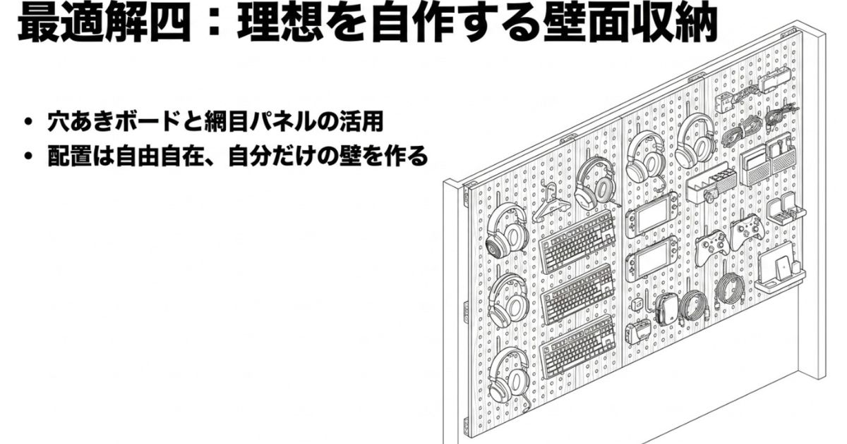 ヘッドホンやキーボード、コントローラーが壁面の有孔ボードに美しくレイアウトされた自作収納のイラスト