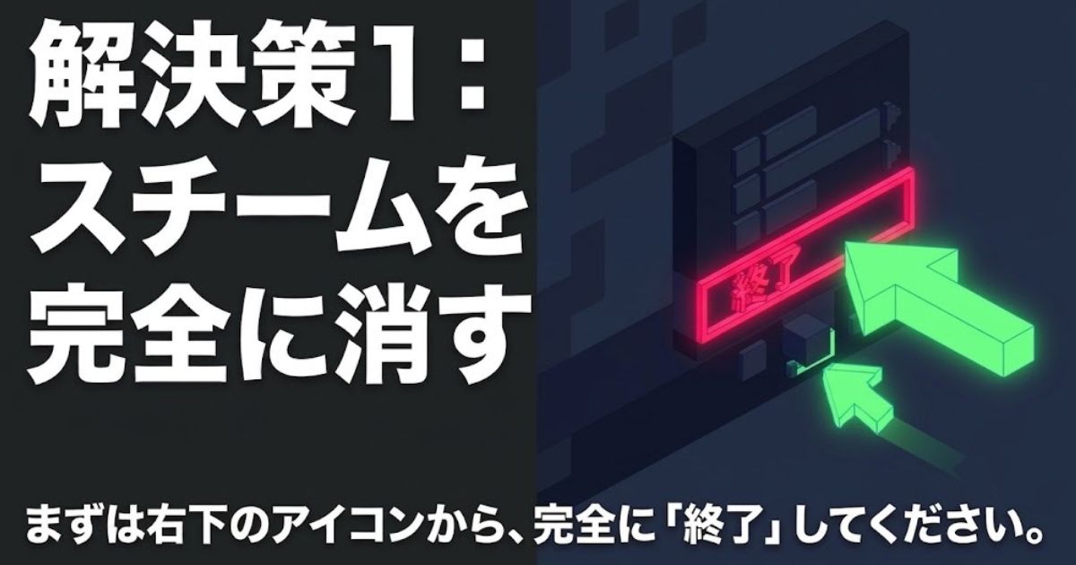 解決策としてタスクトレイからSteamアプリを完全に終了させる方法