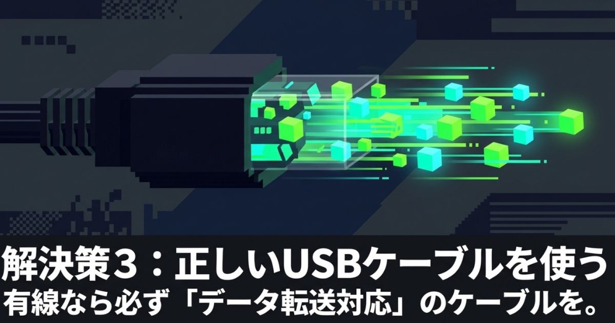有線接続時は必ずデータ転送対応のUSBケーブルを使用することの解説