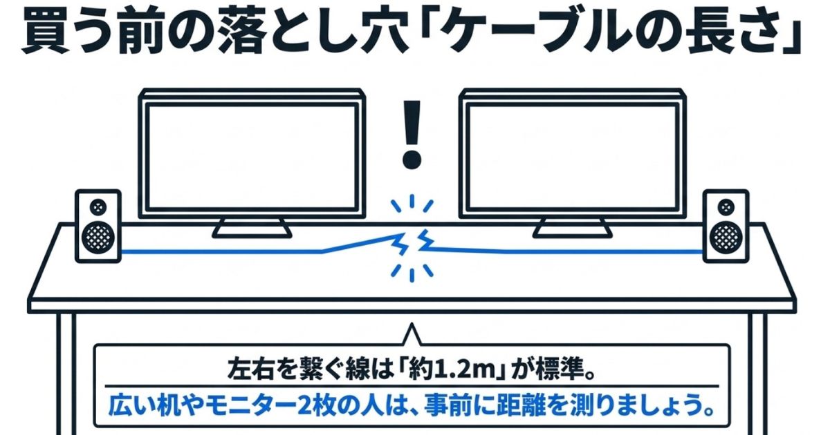 左右のスピーカーを繋ぐ標準1.2mのケーブル長について、広い机での事前確認を促す注意喚起