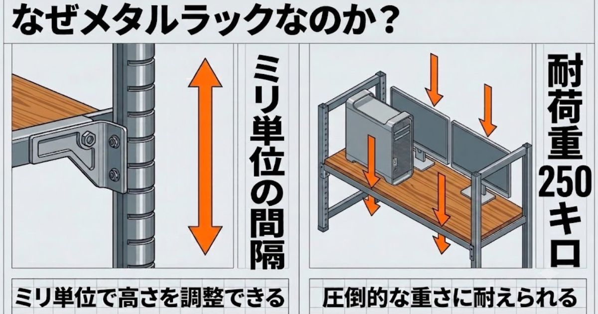 メタルラックのメリットであるミリ単位での高さ調整と耐荷重250キロを図解