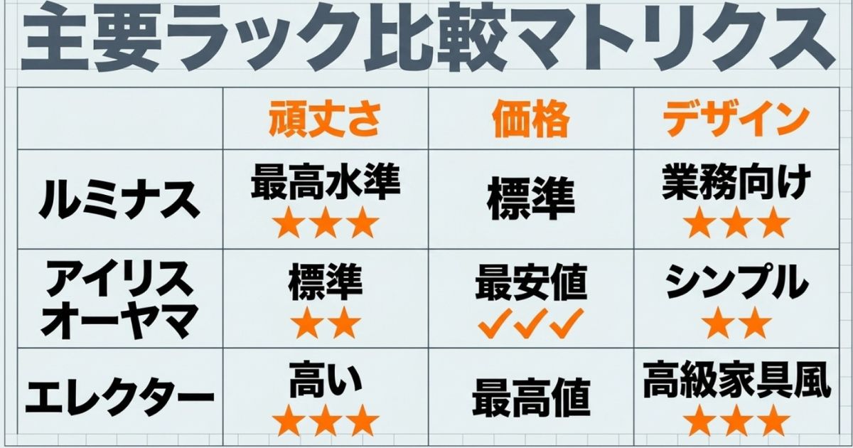 ルミナス、アイリスオーヤマ、エレクターの価格やデザイン、頑丈さの比較表