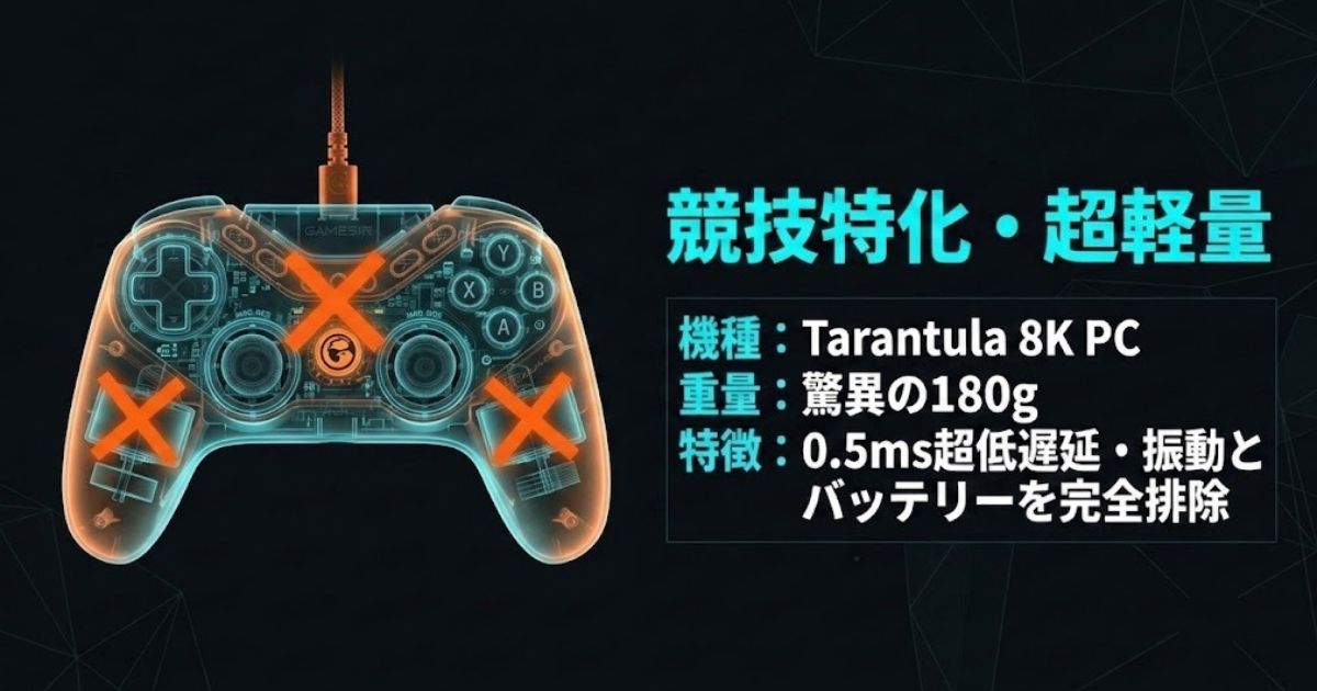競技特化のため内部の振動モーターとバッテリーを完全排除し、180gの超軽量を実現したTarantula 8K PCの透過図