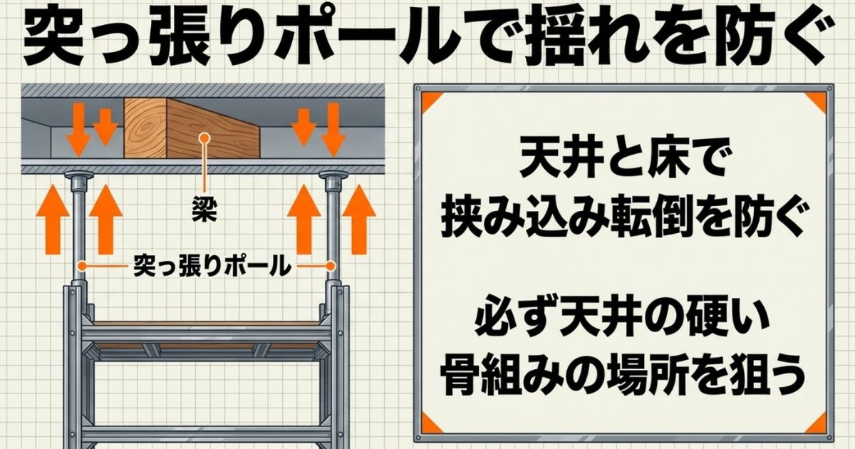 天井の梁と床で挟み込んで転倒を防ぐ突っ張りポールの構造