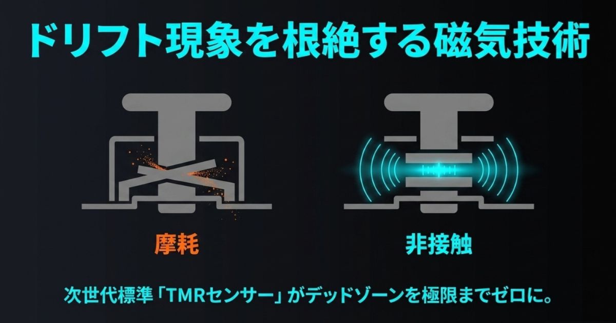 物理的な摩耗によるドリフト現象を防ぐ非接触型の次世代TMRセンサーと、従来型アナログスティックの構造比較図