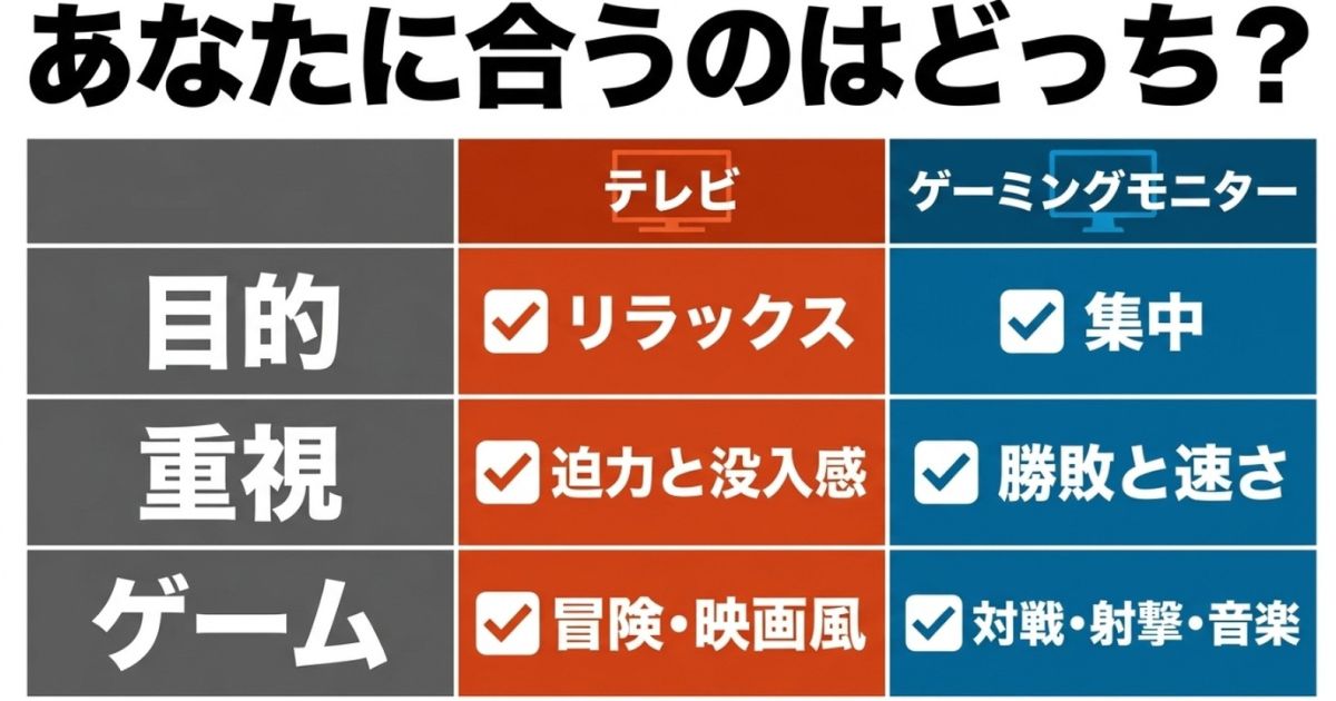 テレビとゲーミングモニターの得意分野を比較したまとめ表。目的、重視するポイント、最適なゲームのジャンルが一目でわかる比較図です。
