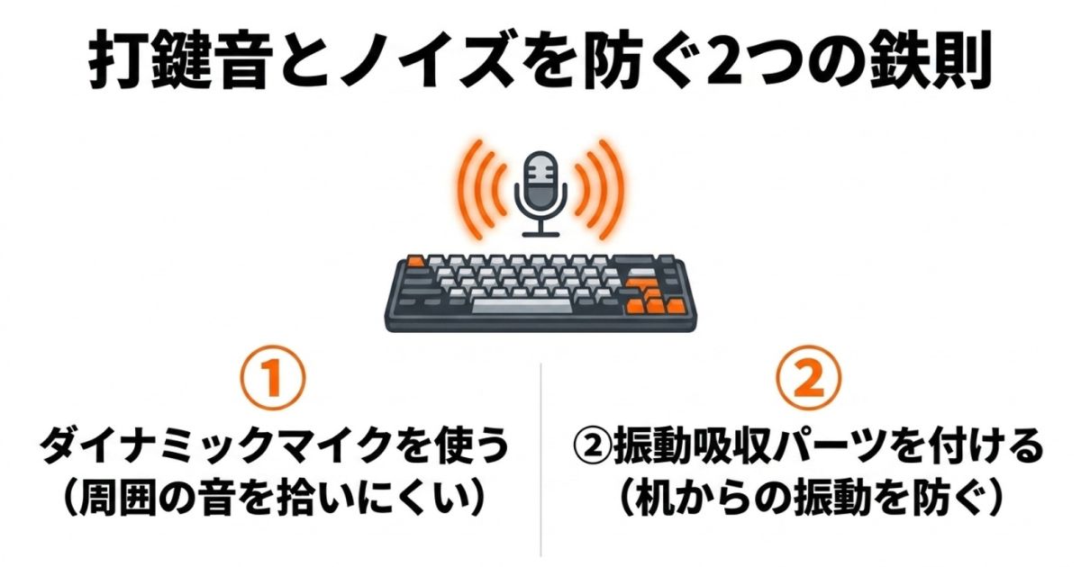 ダイナミックマイクの使用と振動吸収パーツ（ショックマウント）の追加によるノイズ対策の解説