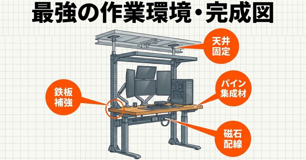 天井固定、鉄板補強、磁石配線を施したスチールラックPCデスクの完成図