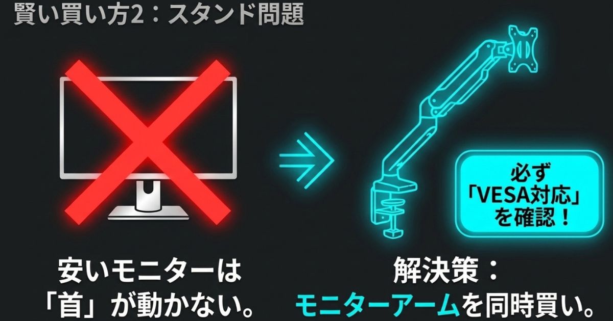 低価格モニターのスタンド問題を解決するために、VESA対応を確認してモニターアームを同時購入することを推奨するスライド