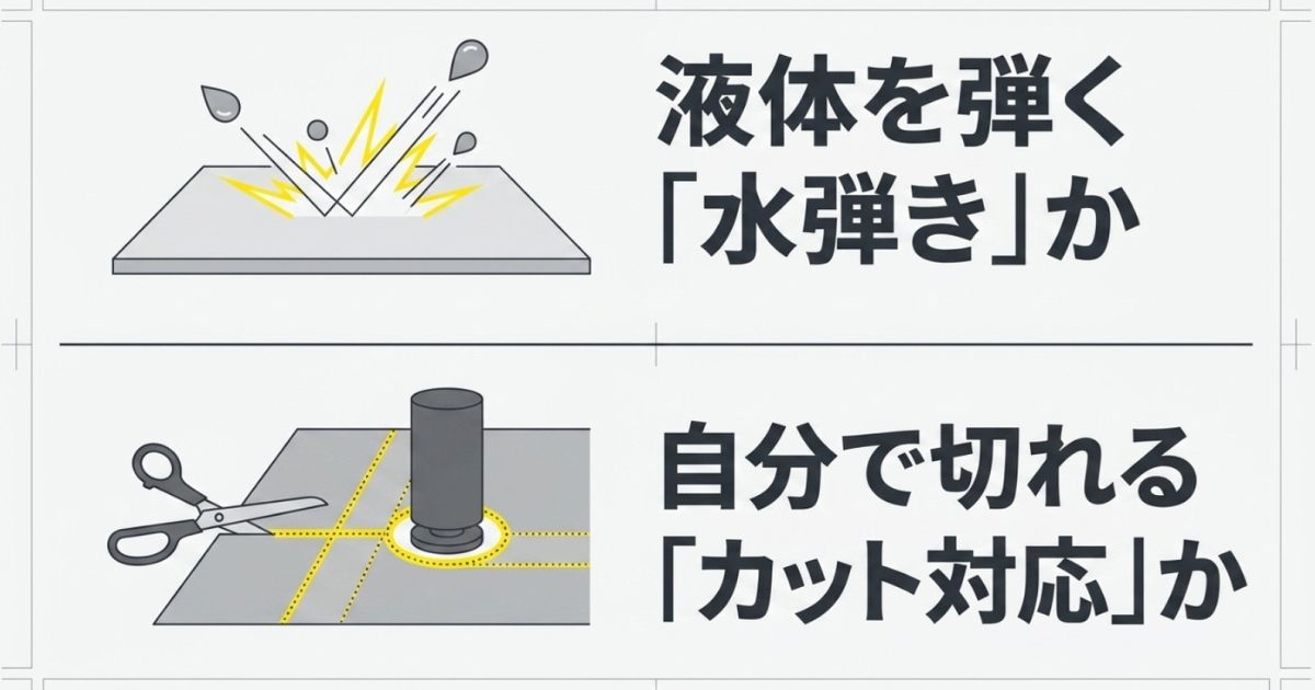 液体を弾く撥水加工と、ハサミで自分で切れるカット対応の機能を示すイラスト