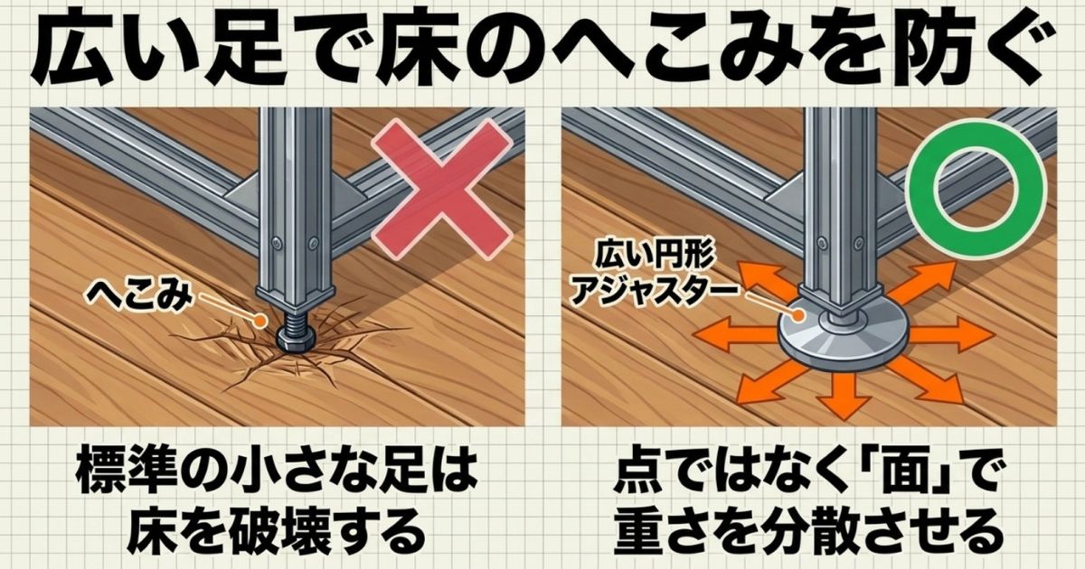 重さを面で分散させる広い円形アジャスターの仕組み