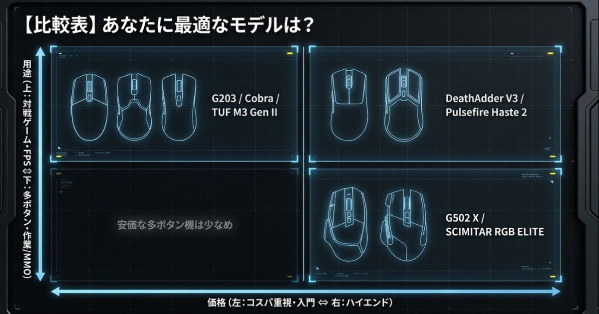 対戦ゲーム向け・MMO向け、コスパ重視・ハイエンドを分けた有線マウスの比較マトリクス