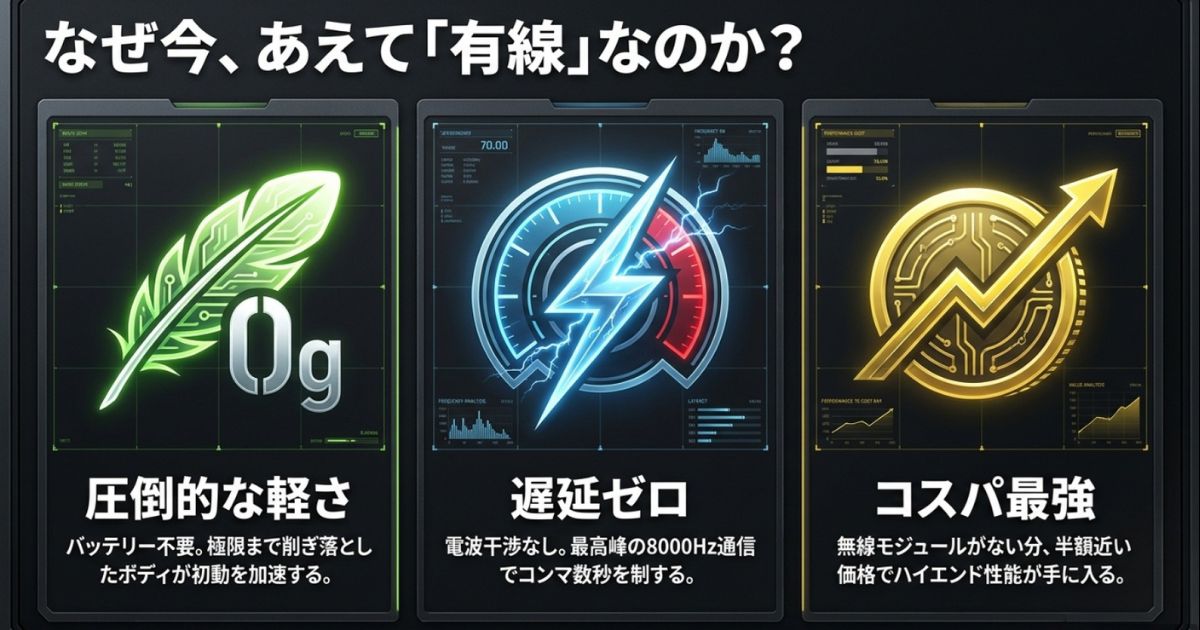 有線マウスのメリットである圧倒的な軽さ、遅延ゼロ、最強のコスパを示す図解
