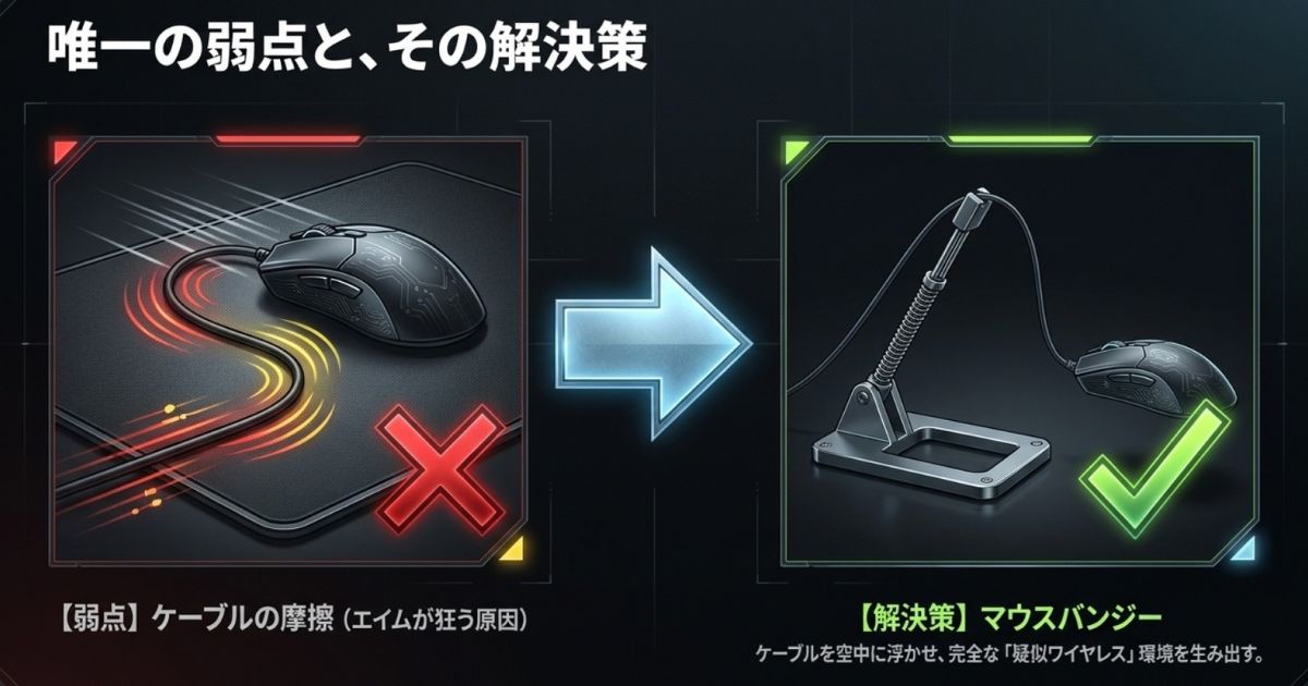 有線マウスのケーブル摩擦のデメリットと、マウスバンジーによる解決策の図解