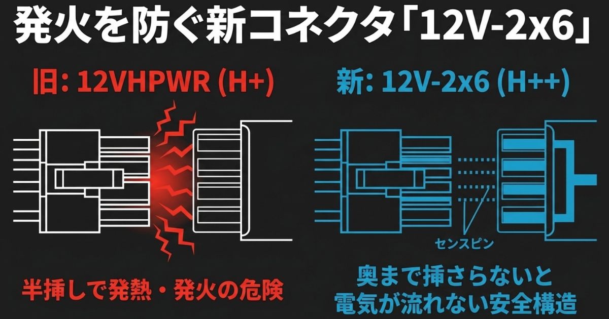旧規格の12VHPWR（H+）と新規格の12V-2x6（H++）の違い。奥まで挿さらないとセンスピンに電気が流れない安全構造を図解