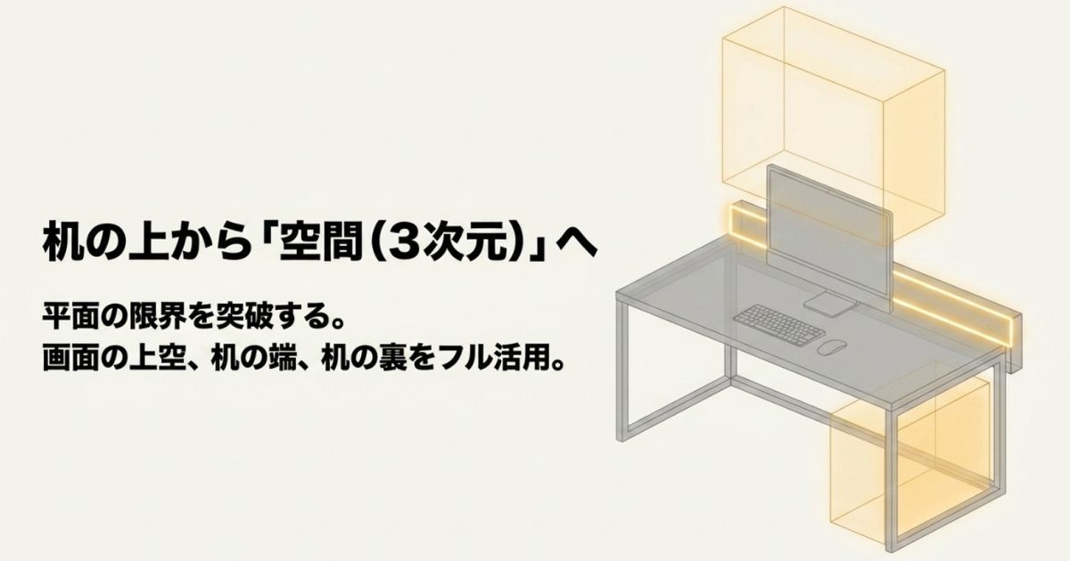 画面の上空、机の端、机の裏をフル活用して平面の限界を突破するスペース有効活用