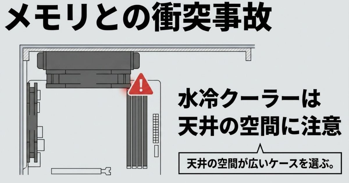 天井に簡易水冷クーラーを取り付ける際、マザーボードやメモリと衝突しないよう天井の空間が広いPCケースを選ぶよう促す図