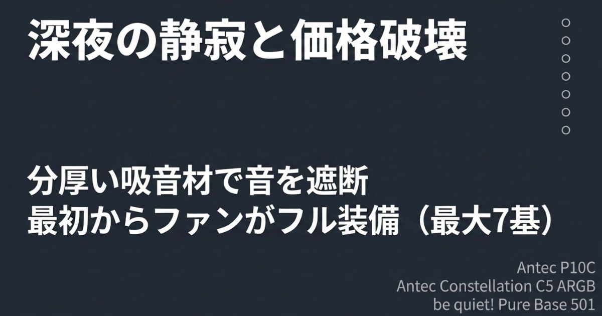 分厚い吸音材で音を遮断し、最初からファンが最大7基フル装備されているAntec P10Cなどの静音・高コスパケースの解説図