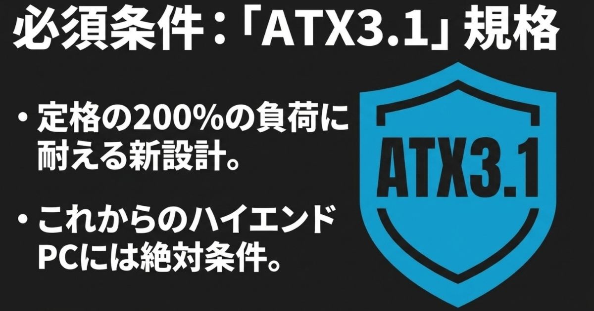 定格の200%の負荷に耐える新設計であるATX3.1規格が、これからのハイエンドPCには絶対条件であることを解説するスライド